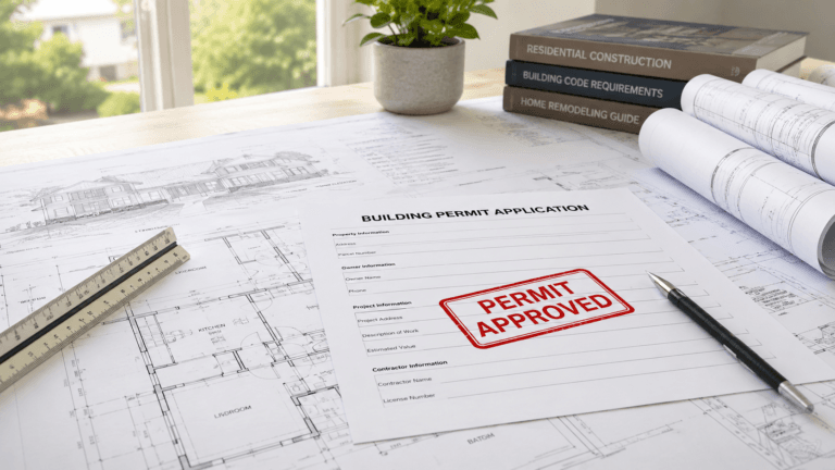 Residential building permit documents with architectural plans and approved permit stamps