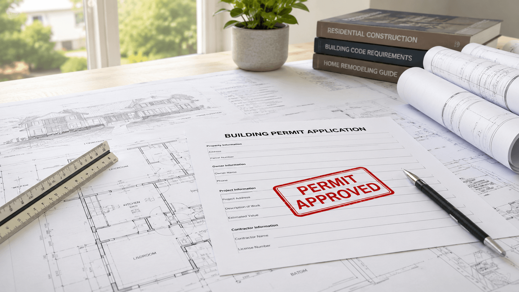 Residential building permit documents with architectural plans and approved permit stamps