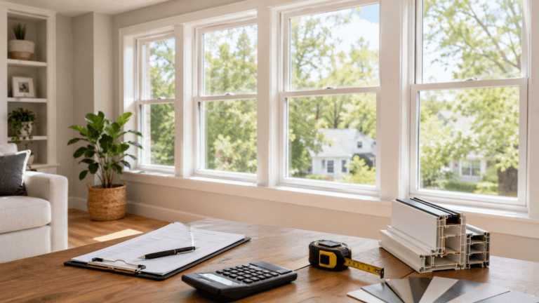 Residential window replacement cost planning with window frame samples, measurements and project pricing information