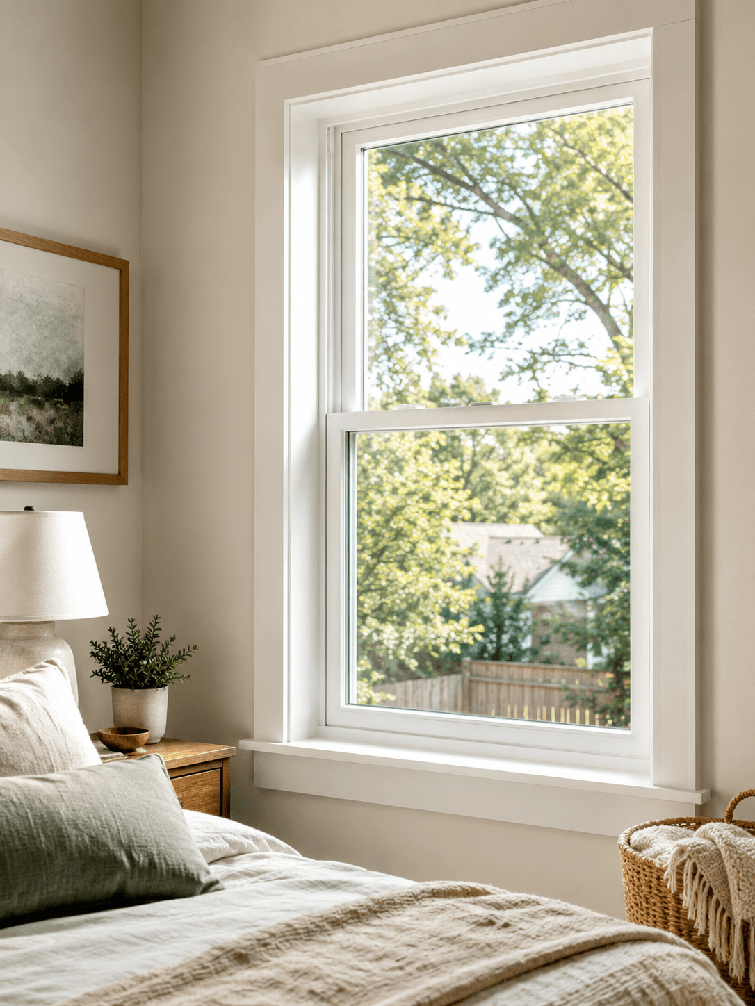 Finished residential replacement window installed in a bedroom