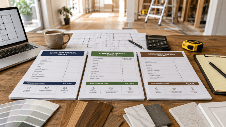 Three contractor proposals compared with architectural plans, calculator, measuring tools and material samples