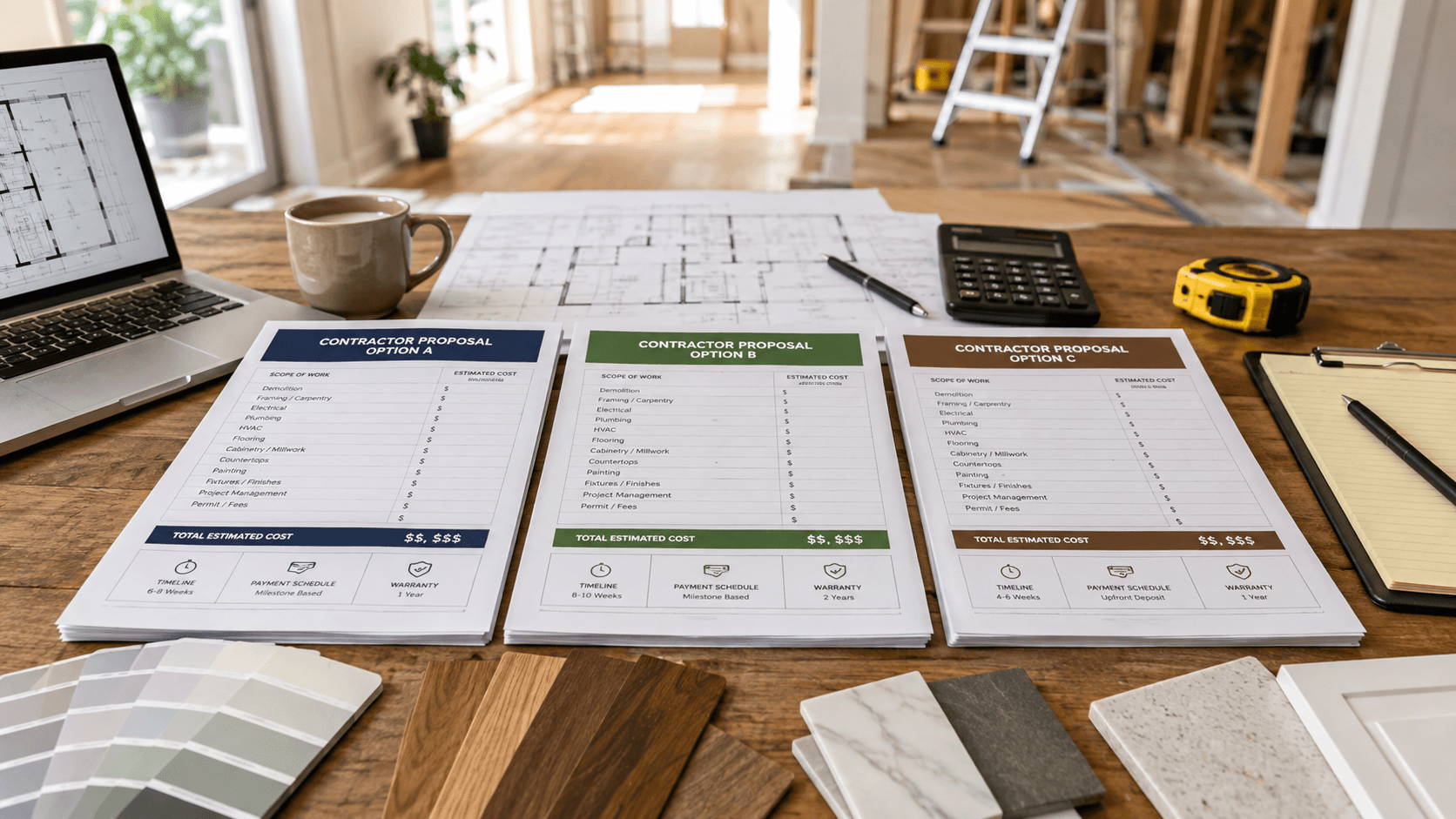 Three contractor proposals compared with architectural plans, calculator, measuring tools and material samples