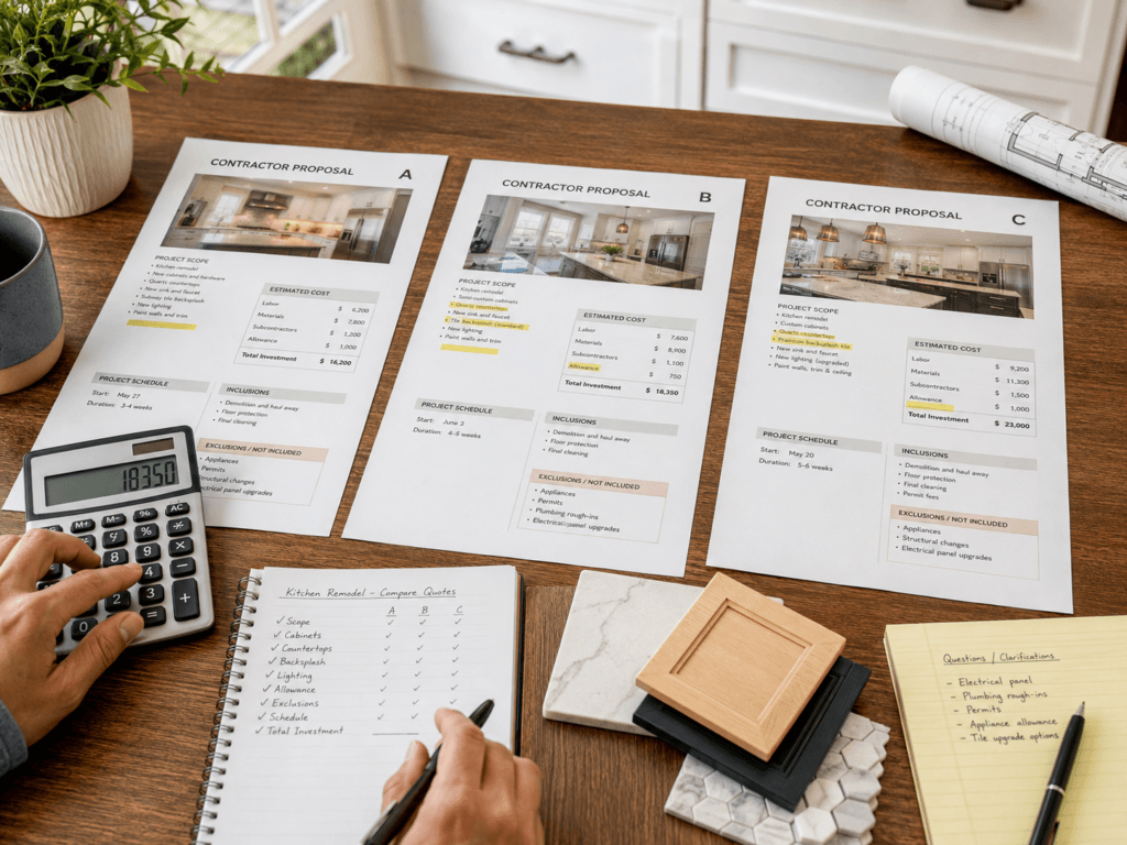 Homeowner comparing three kitchen renovation contractor proposals with pricing, scope details, calculator and material samples