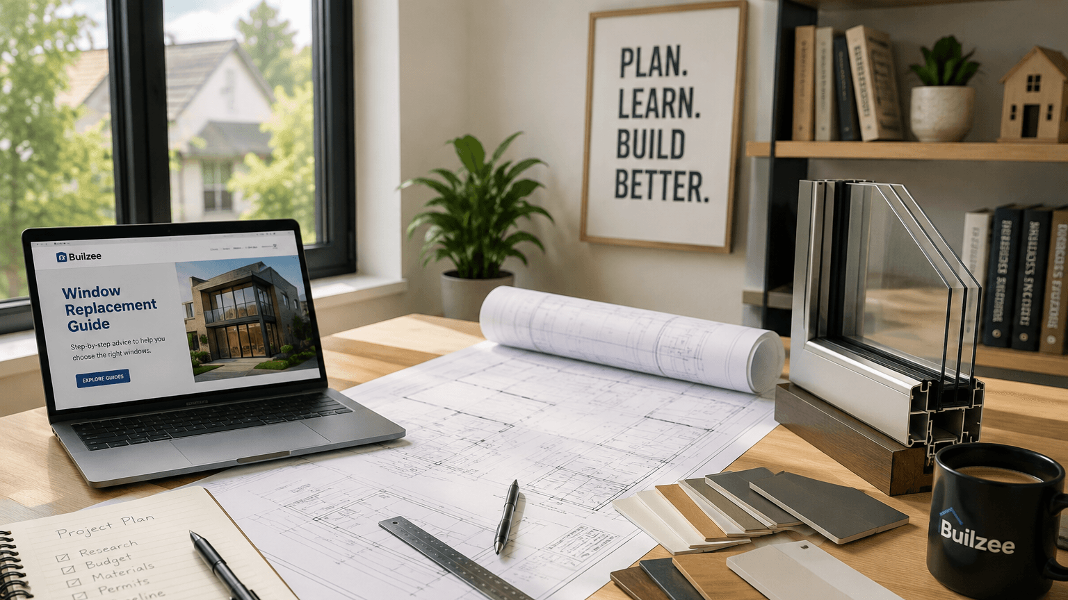 Construction planning workspace with architectural drawings, building material samples and home improvement project tools