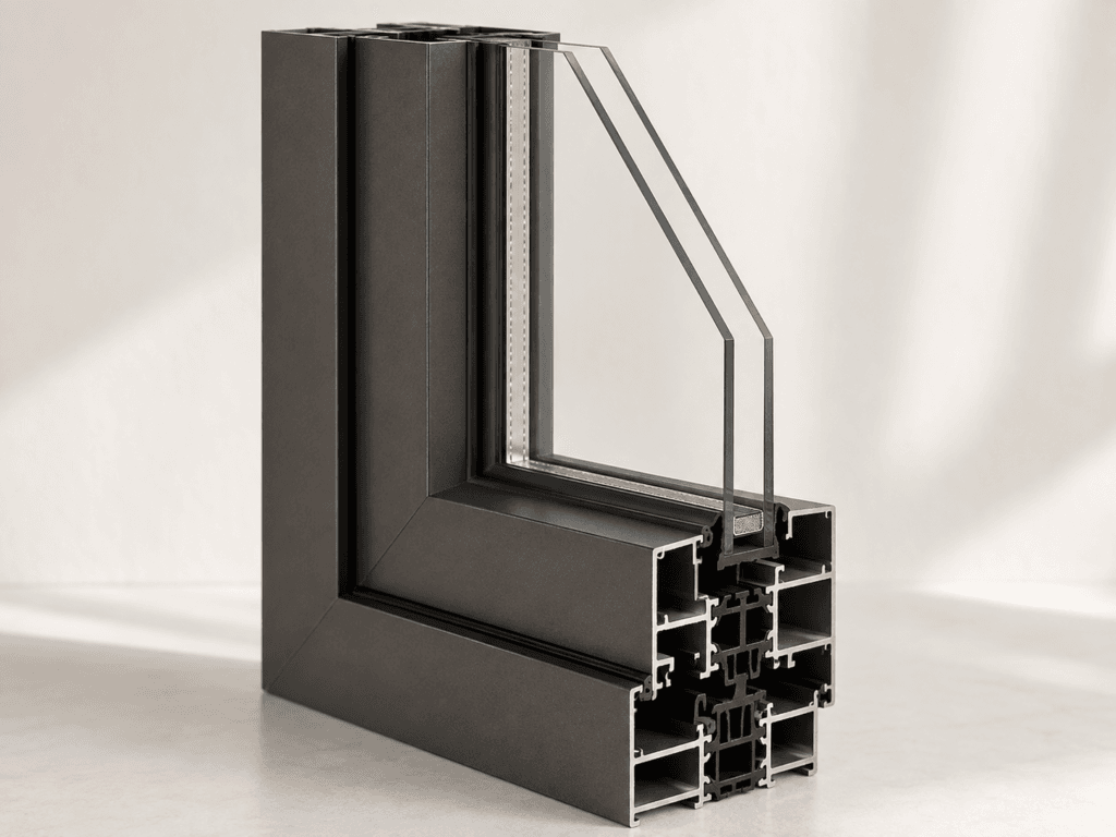 Aluminum window frame cross section showing slim metal profile