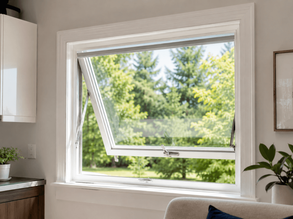 Awning window hinged at the top and opened outward