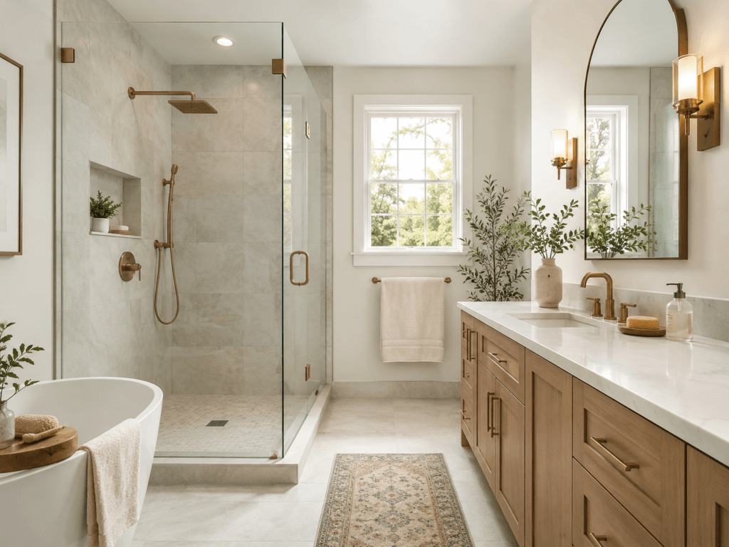 Modern bathroom with glass shower enclosure, vanity and tile finishes