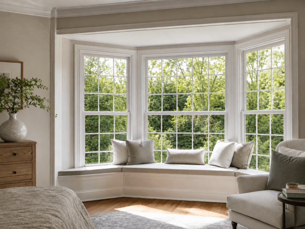 Bay window projecting outward from the home with multiple angled window panels