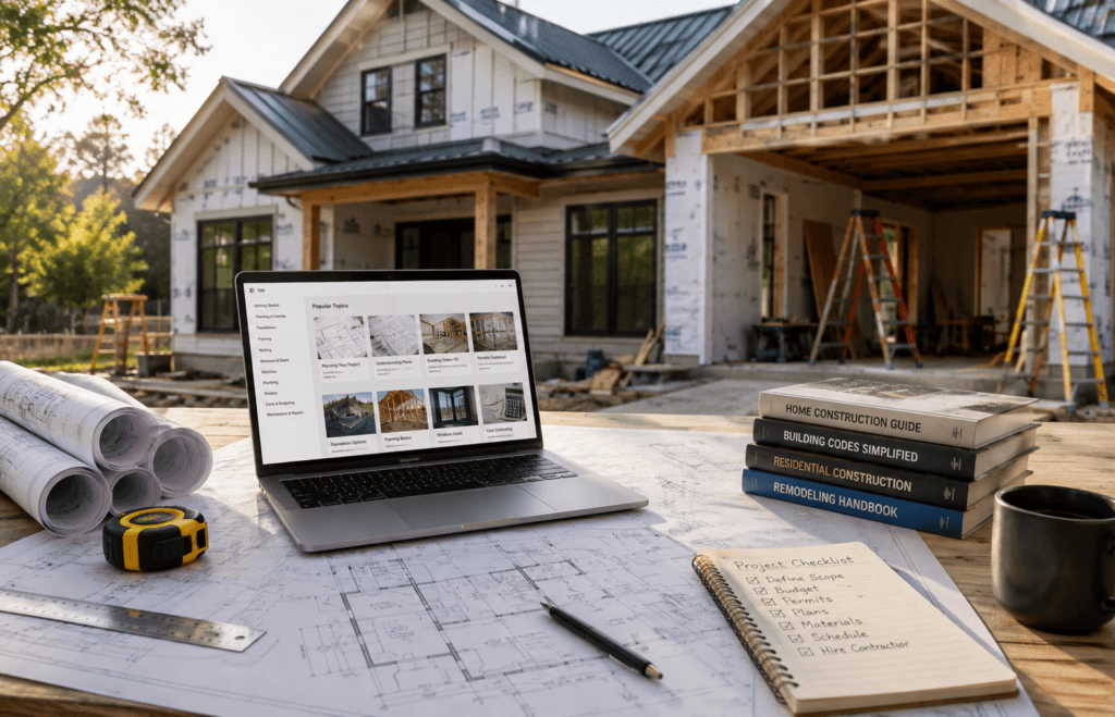 Home renovation planning workspace with construction drawings, materials, tools and a house under construction