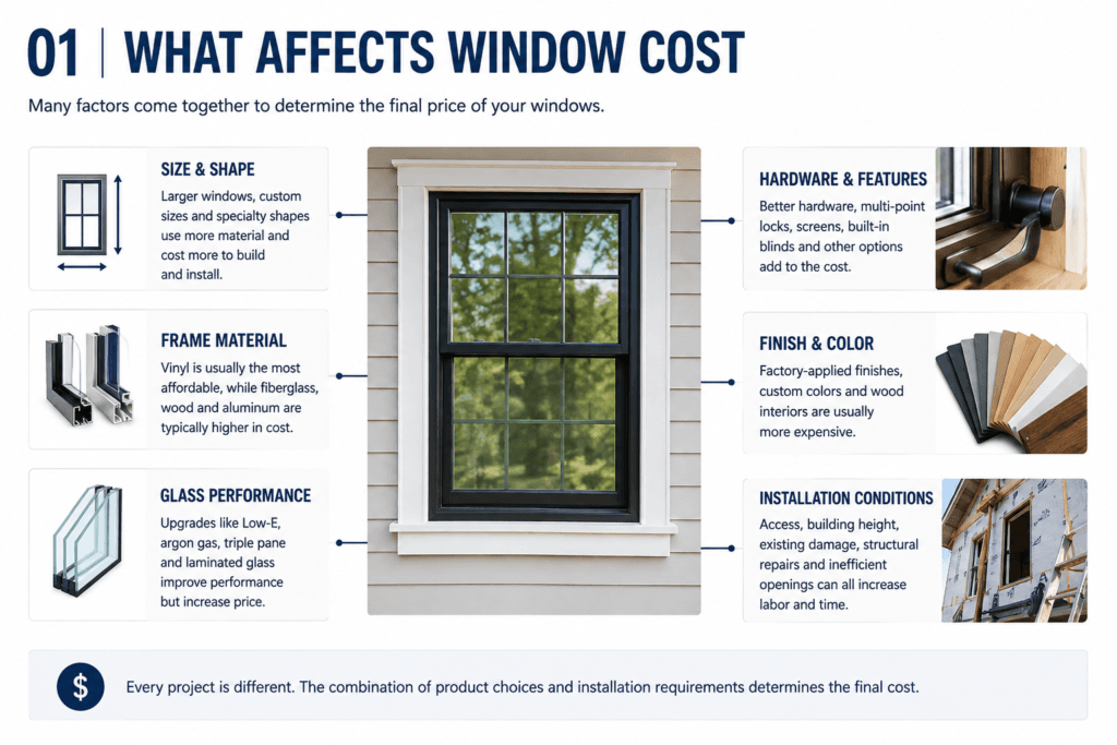 Window cost factors diagram showing size, frame material, glass performance, hardware, finishes and installation conditions