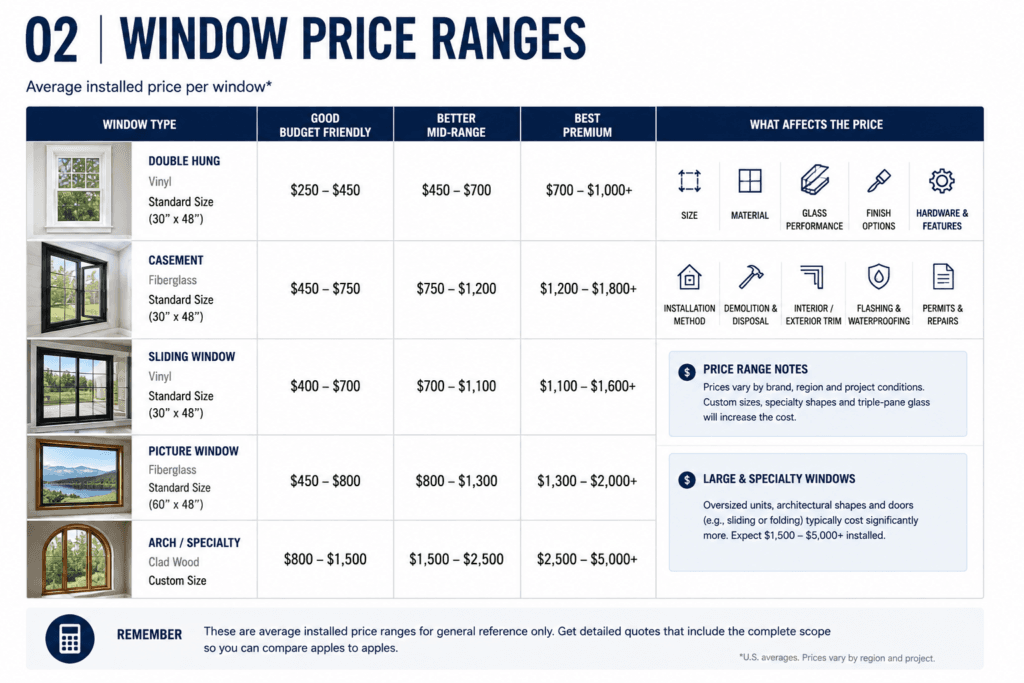 Window price range chart comparing common residential window styles and typical cost levels