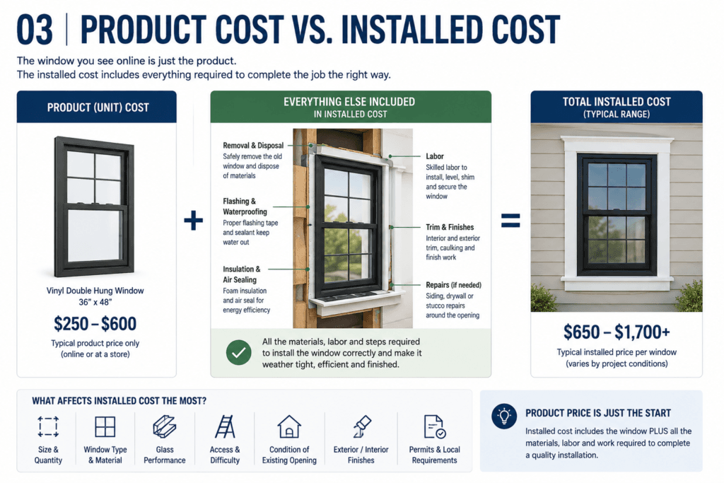 Window product cost versus installed cost diagram showing labor, flashing, permits, disposal and finish work