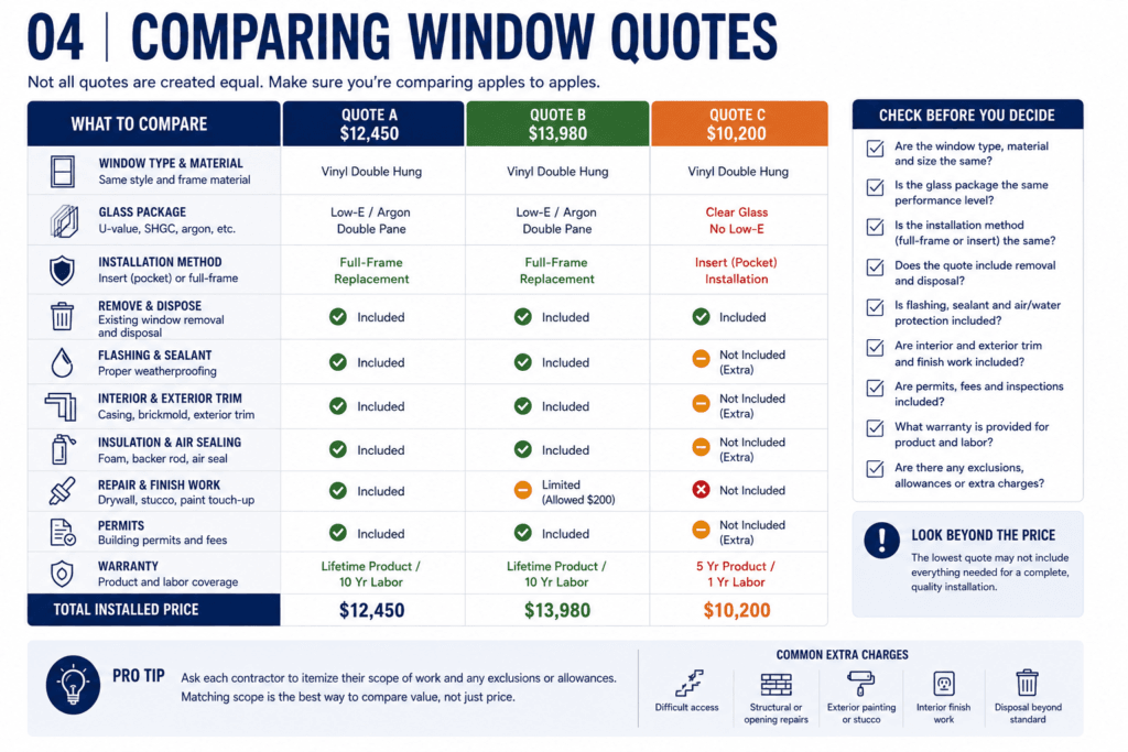 Window quote comparison guide showing scope, product details, installation, exclusions and total price