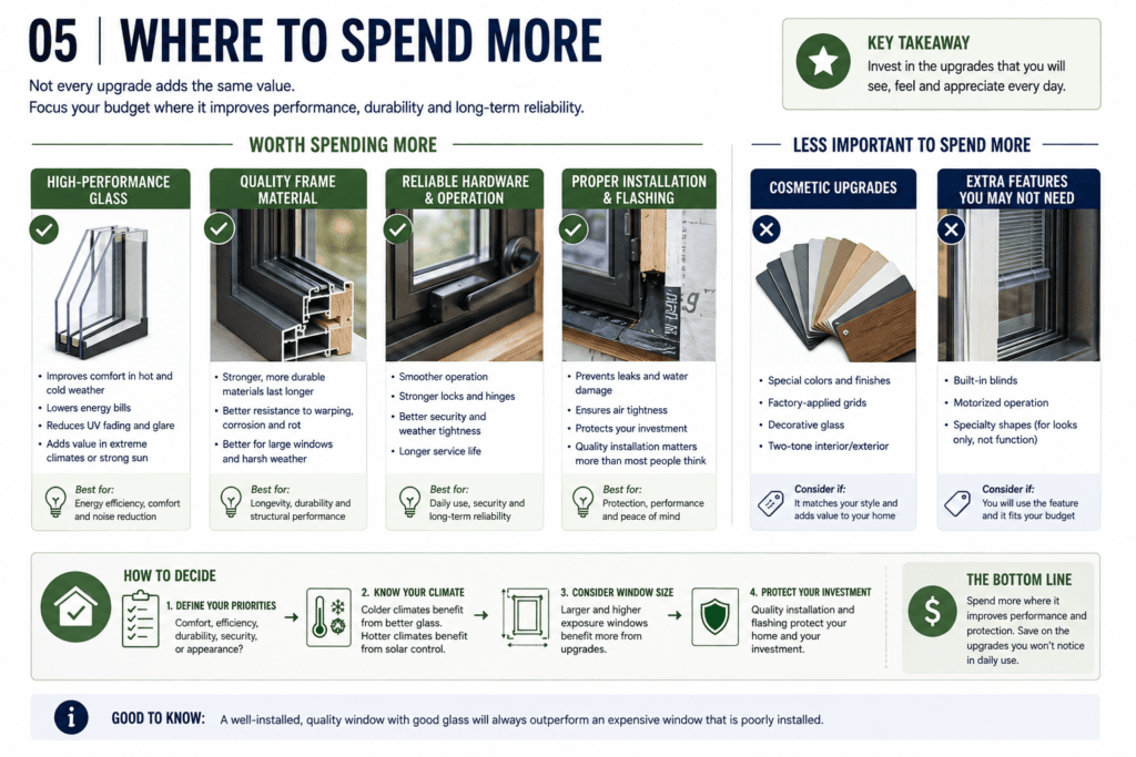 Window buying guide showing where upgraded glass, frames, hardware and installation may provide better value
