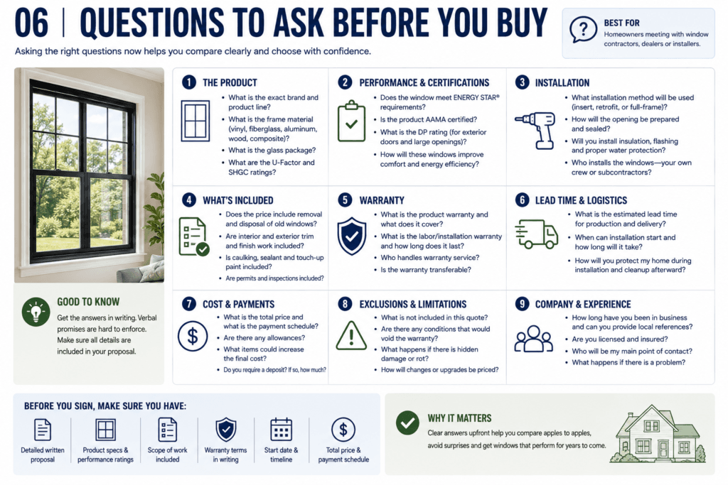Window buying checklist with questions about product, glass, warranty, installation and contractor scope