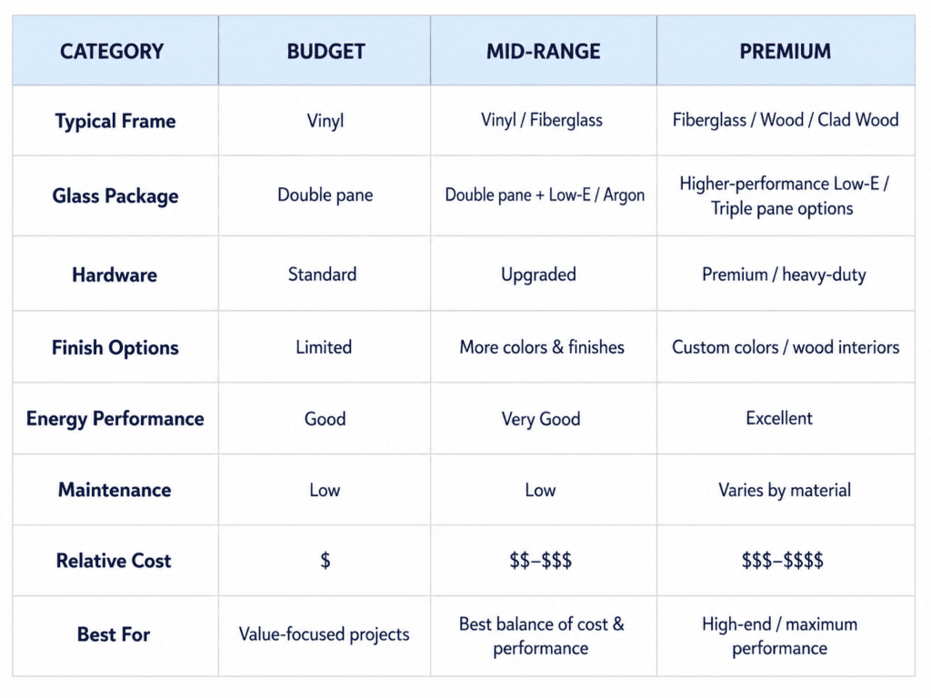 Window buying comparison chart showing budget, mid-range and premium options for frame, glass, hardware, finishes, energy performance and cost