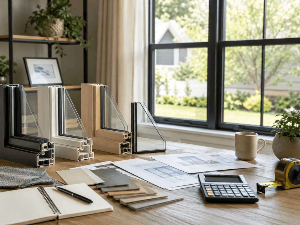 Window replacement cost planning with window samples, measurements, pricing information and project budget