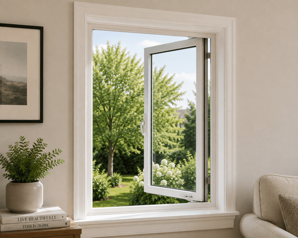 Casement window hinged at the side and opened outward
