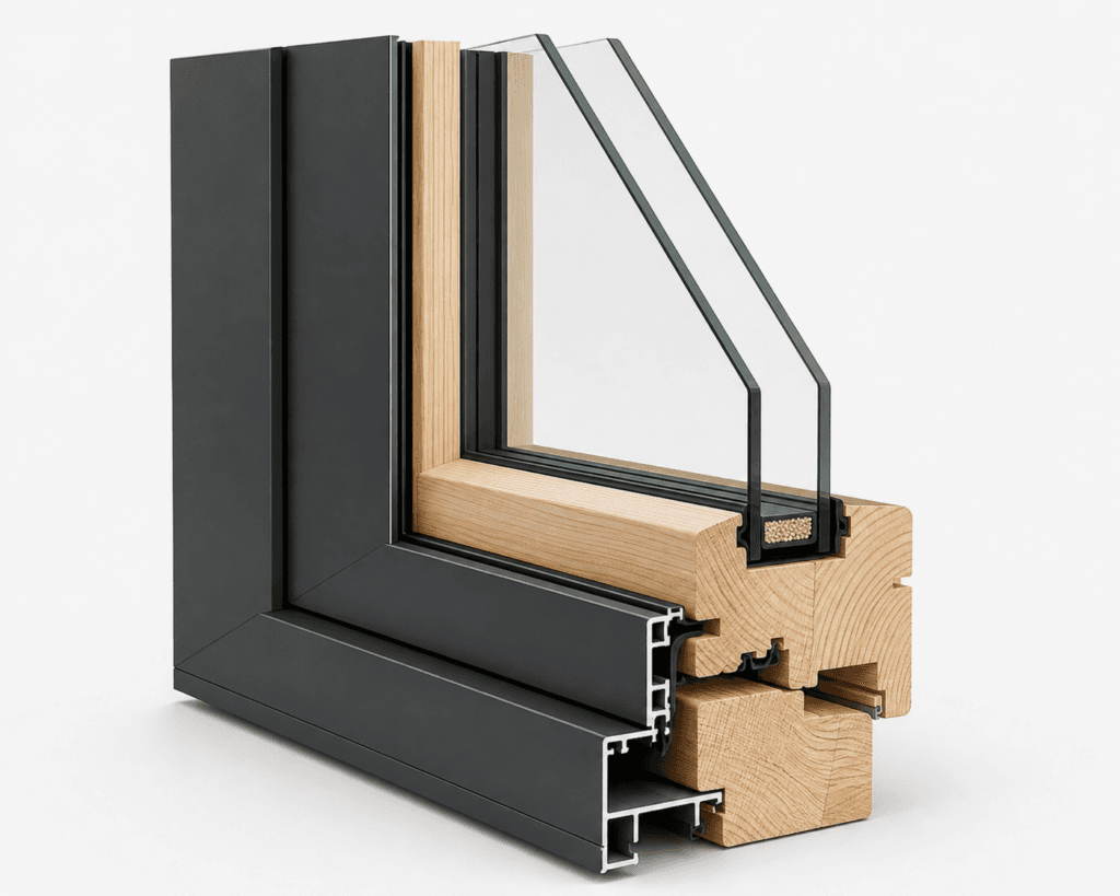 Clad wood window frame cross section with wood interior and protective exterior cladding