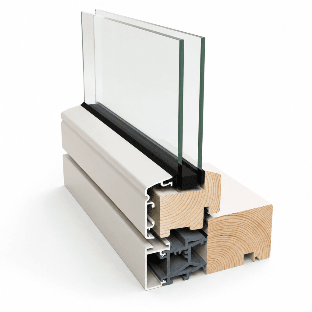 Composite window frame cross section combining multiple materials for strength and durability