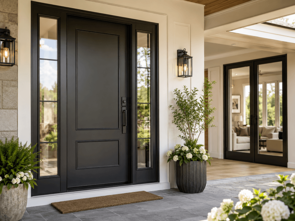 Modern residential entry door with sidelights and exterior porch