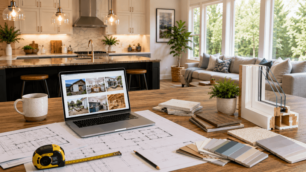 Home improvement planning workspace with architectural drawings, material samples, tools and residential project ideas