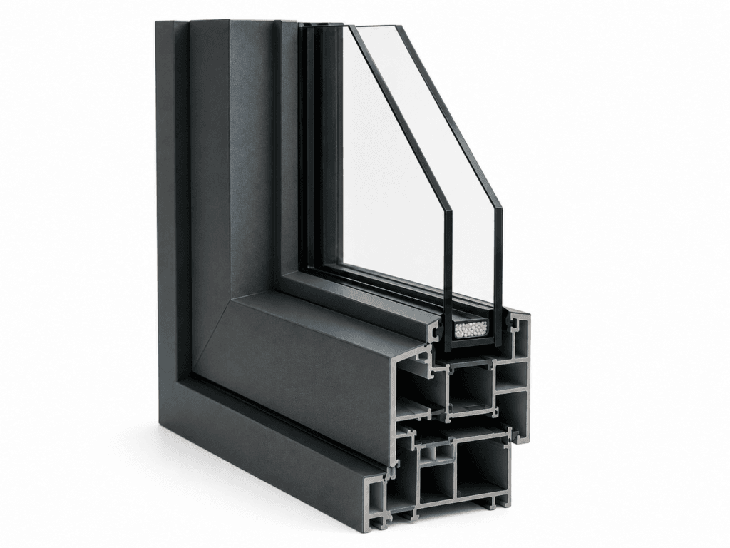 Fiberglass window frame cross section showing insulated structural profile