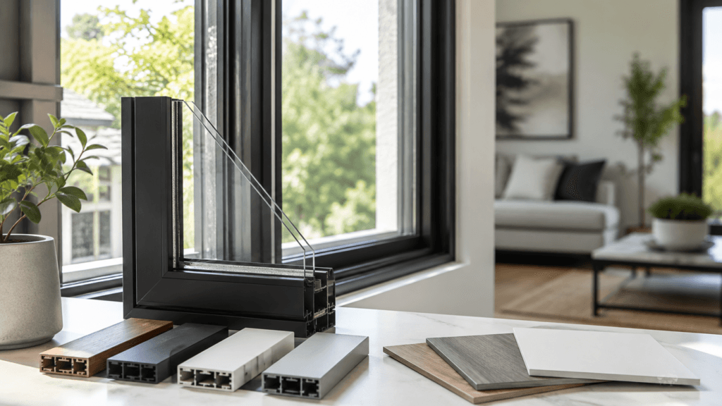 Window frame material samples including vinyl, aluminum, fiberglass, wood and composite