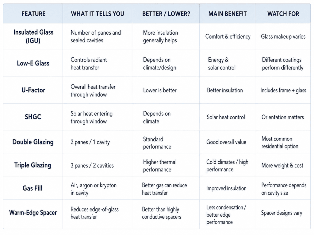 Comparison chart of window glass and energy features including insulated glass, Low-E glass, U-factor, SHGC, double and triple glazing, gas fill and warm-edge spacers