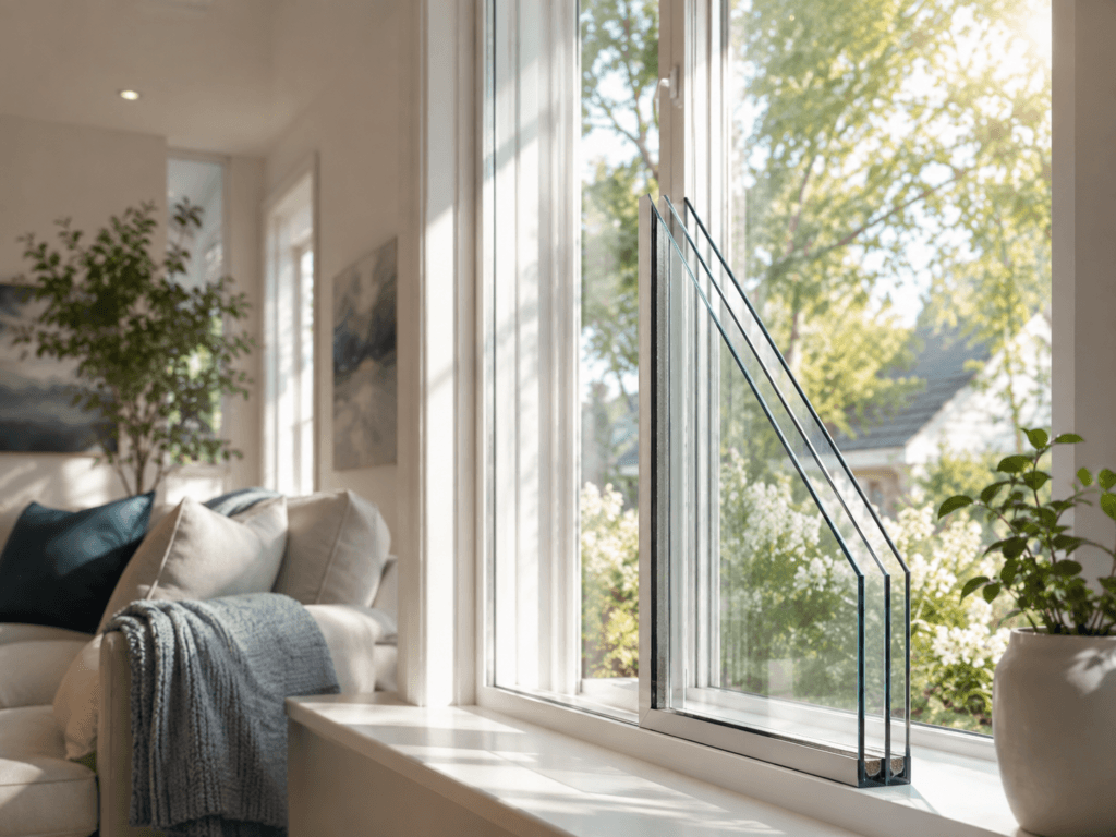 Energy efficient window glass showing insulated glazing, Low-E coatings, gas fills and spacer systems