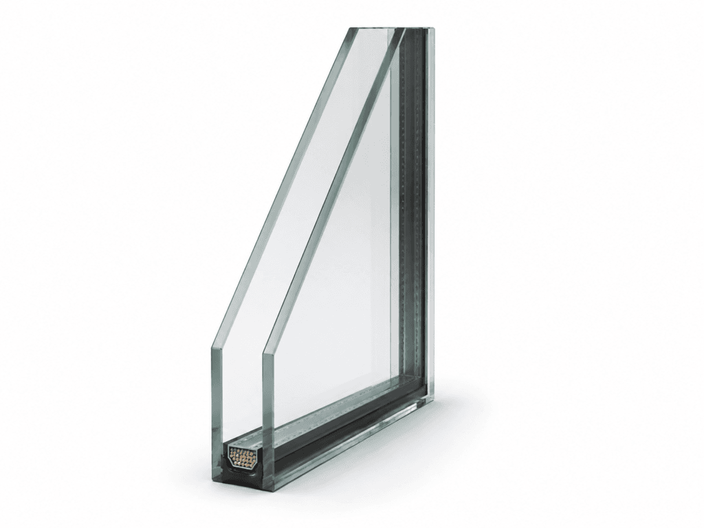 Insulated glass unit cross section showing multiple panes separated by a sealed air or gas space