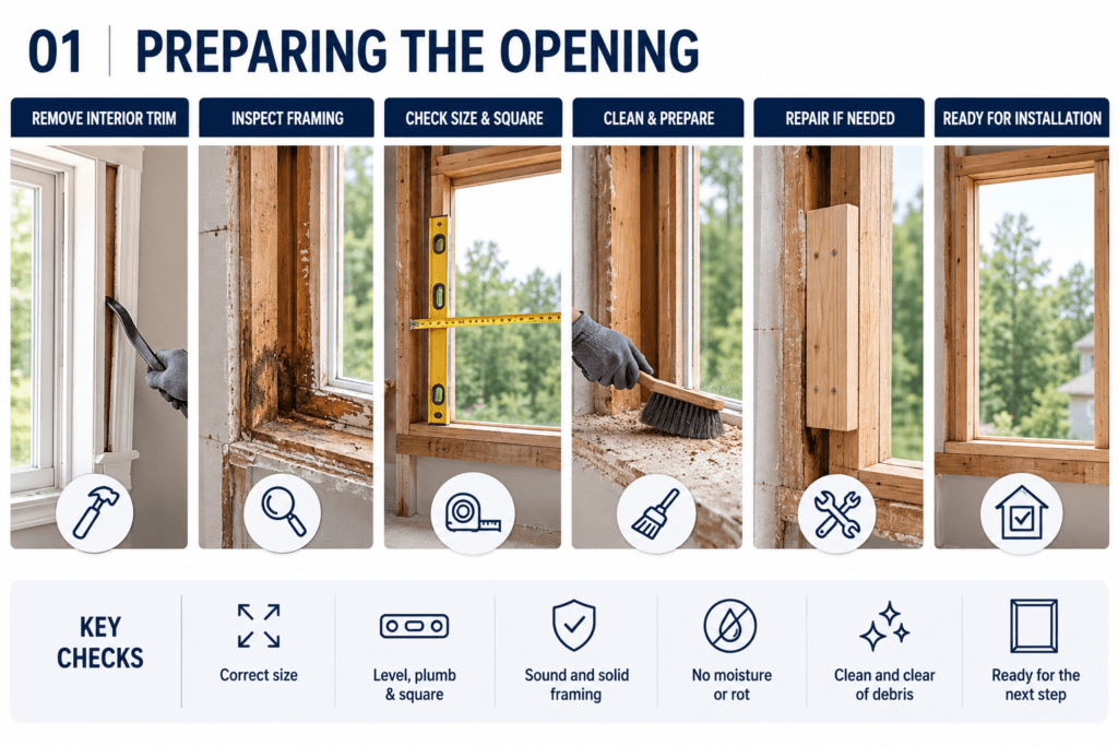 Window opening preparation checklist showing measurement, squareness, cleaning, framing condition and ventilation checks