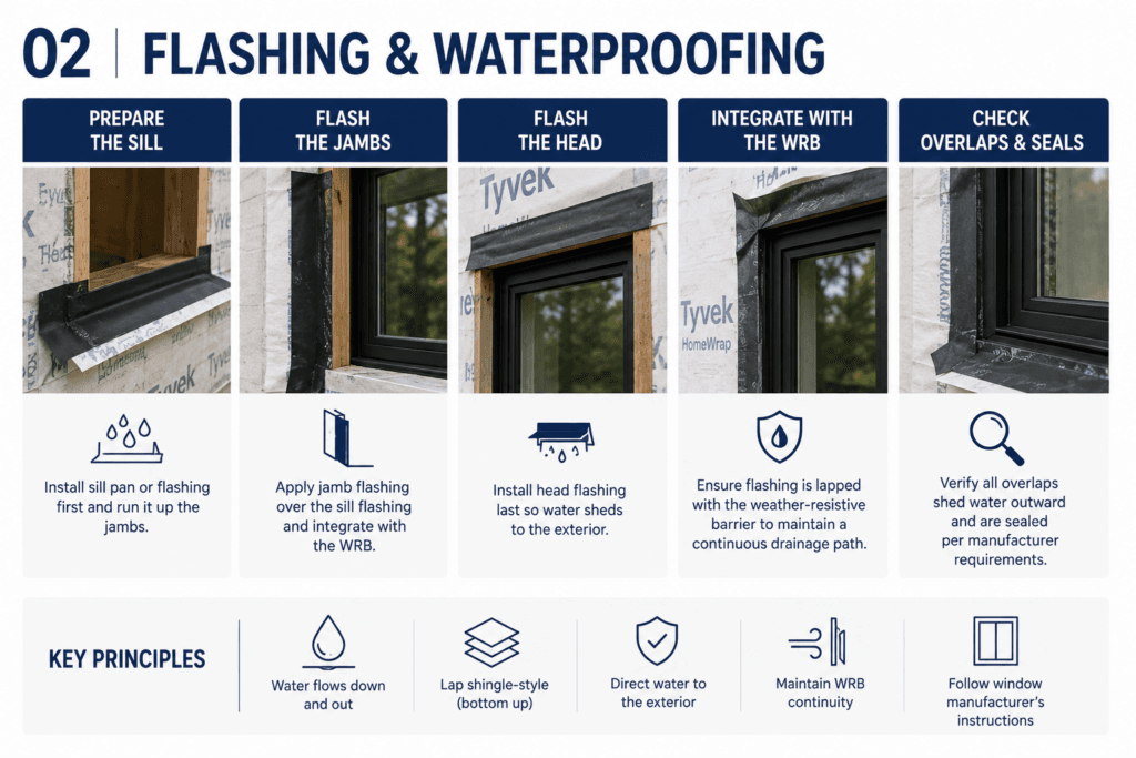 Window flashing and waterproofing guide showing sill pan, flashing tape, head flashing and weather barrier integration