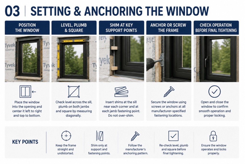 Window installation guide showing setting, leveling, shimming, anchoring and operation checks