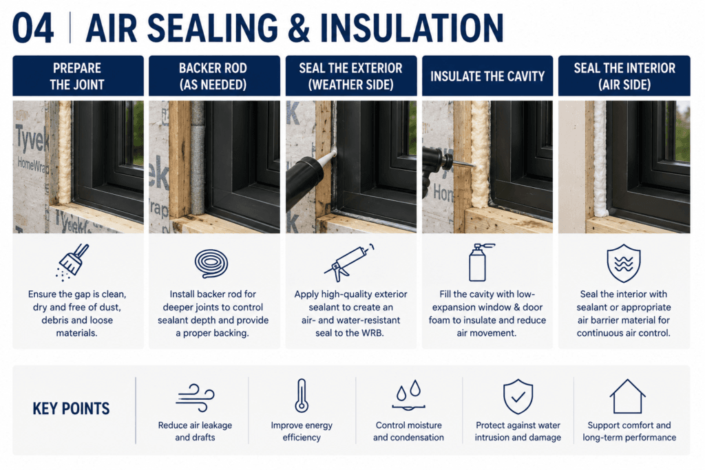 Window air sealing and insulation guide showing perimeter sealing, insulation and interior air barrier details