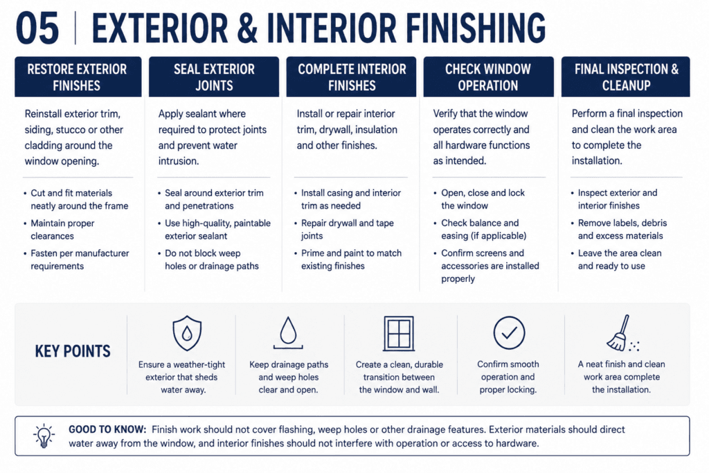 Window finishing guide showing exterior trim, sealants, interior finishes and final installation details