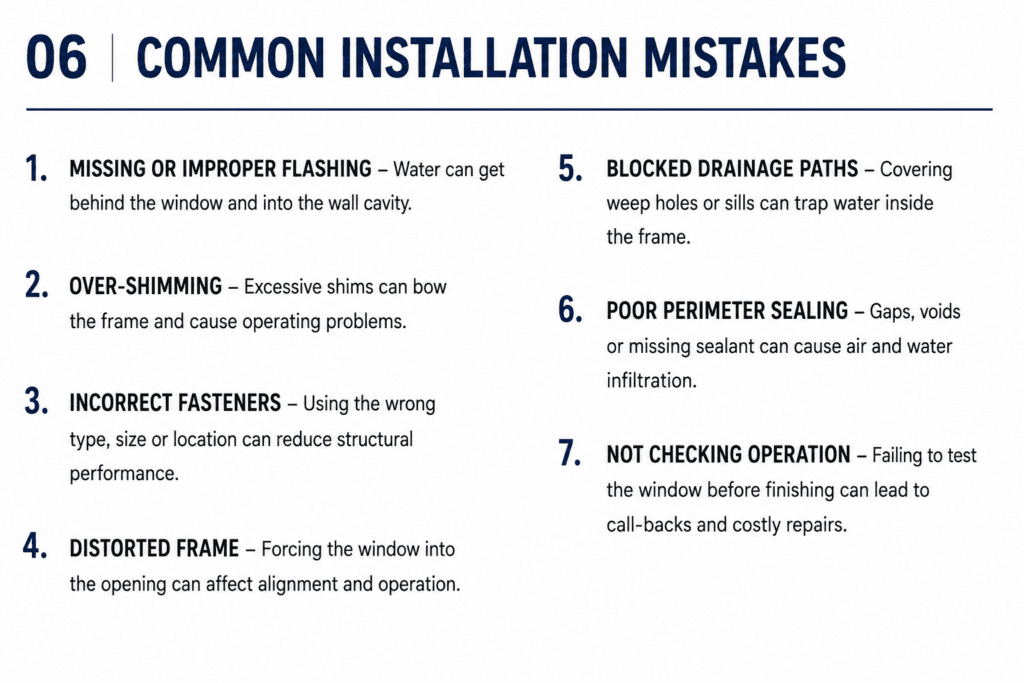 Common window installation mistakes including poor flashing, blocked drainage, over shimming and incorrect fastening