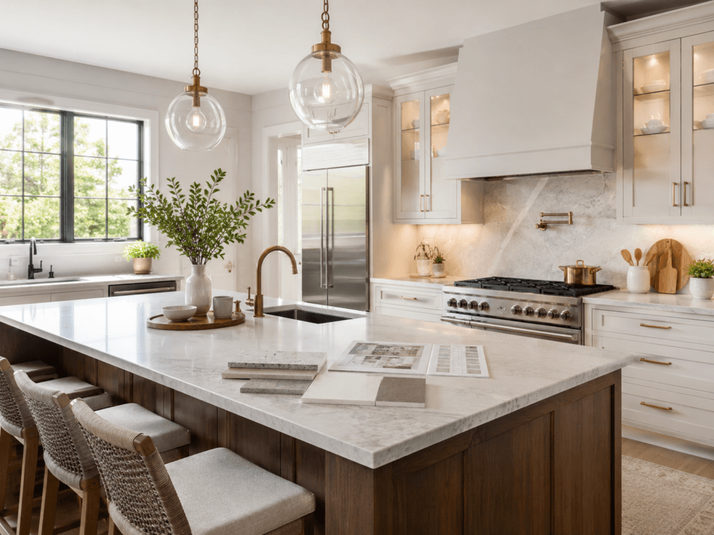 Modern kitchen with island, cabinets, countertops and pendant lighting