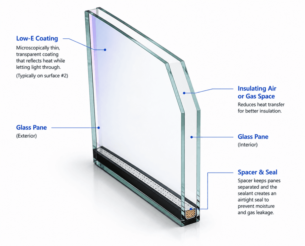 Low-E window glass diagram showing coating layers, insulated glass panes, spacer and sealed cavity