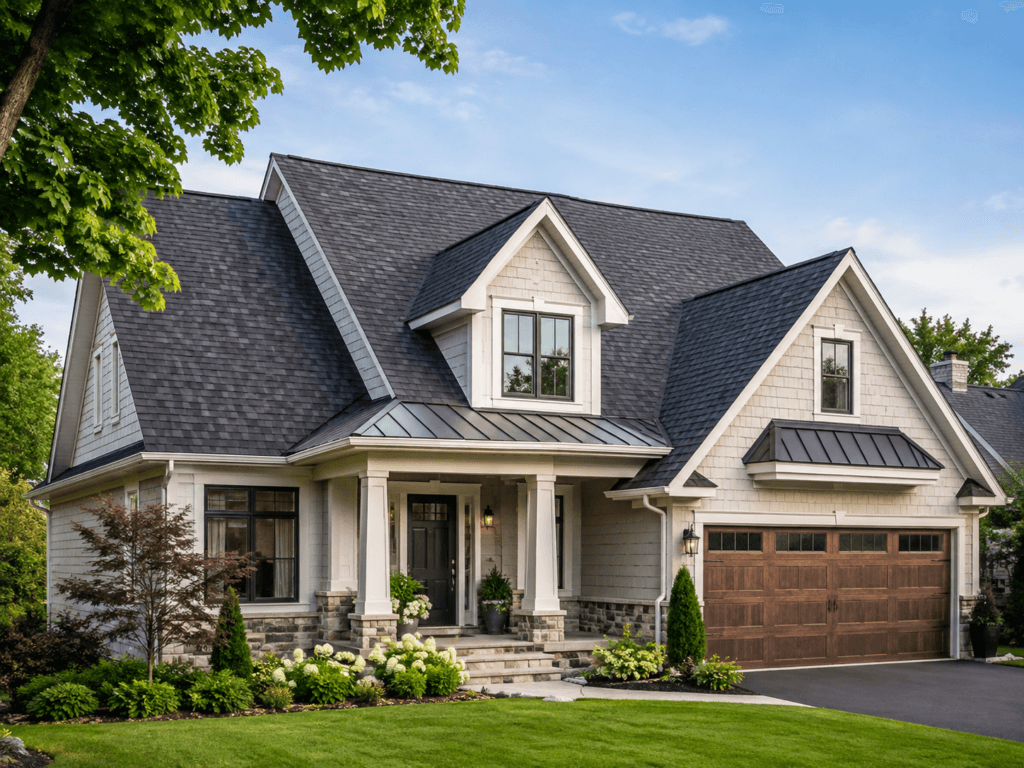 Residential home with asphalt shingle roofing and exterior drainage