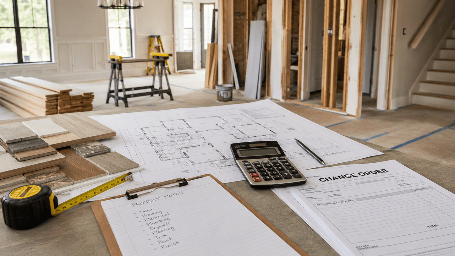 Home renovation planning with architectural drawings, material samples, calculator and change order paperwork