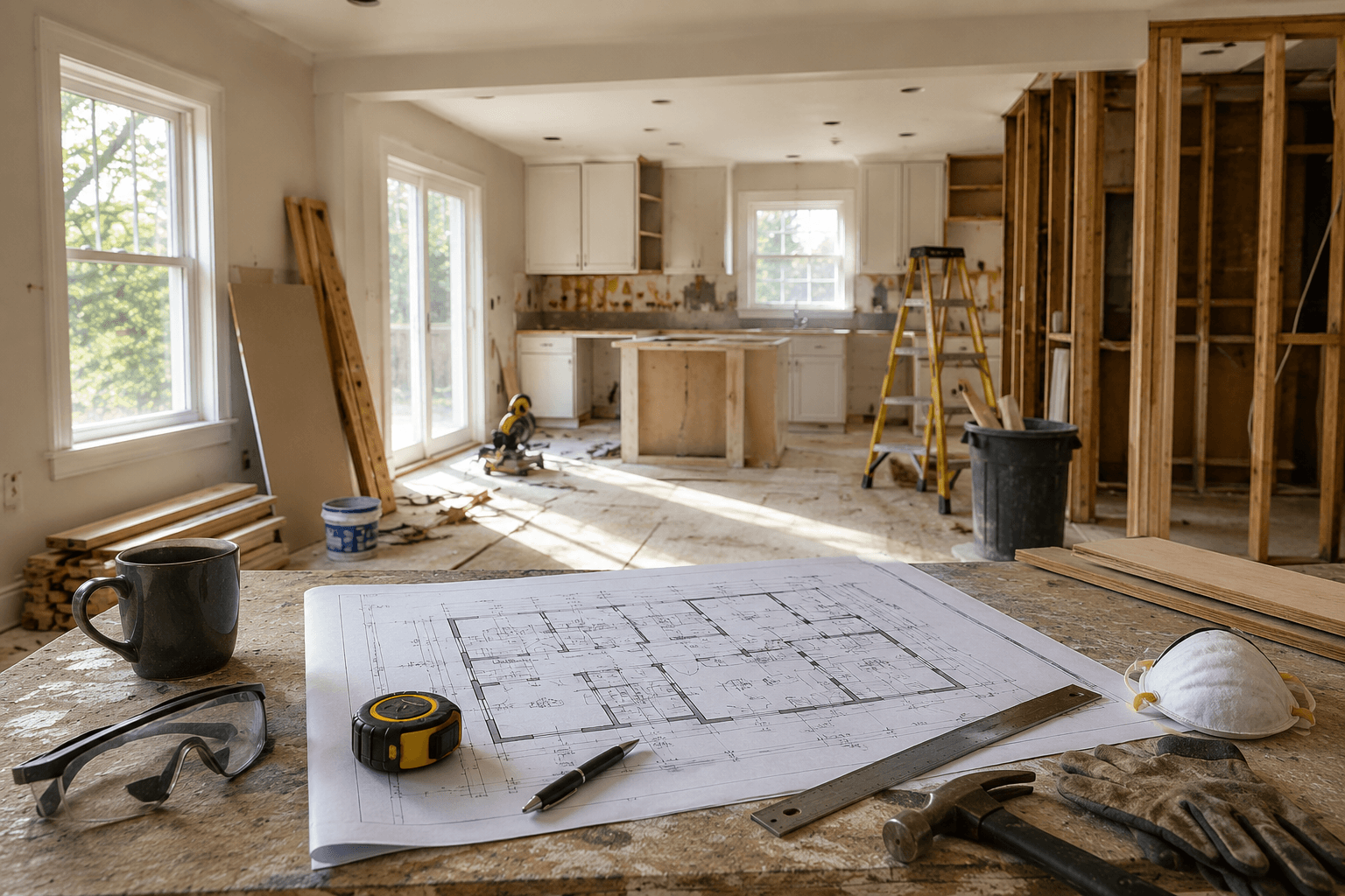 Home renovation project in progress with exposed framing, tools, construction materials and architectural plans