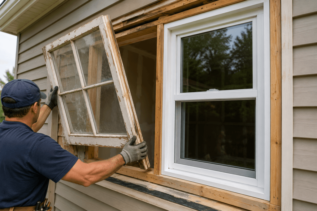 Homeowner removing an old residential window beside a newly installed replacement window