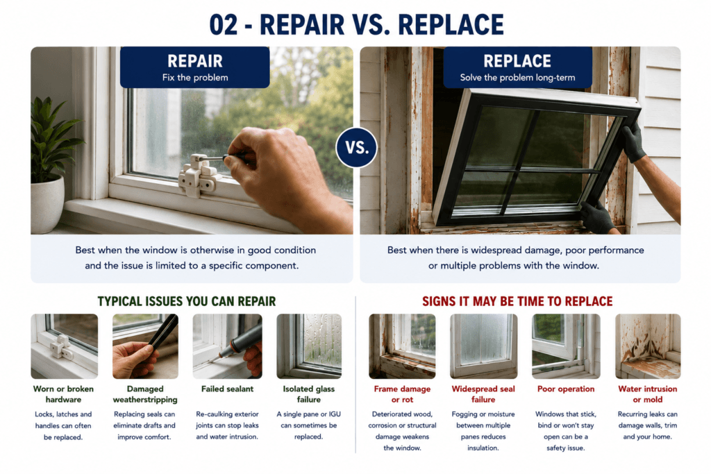 Window repair versus replacement comparison showing common problems and when replacement may be needed