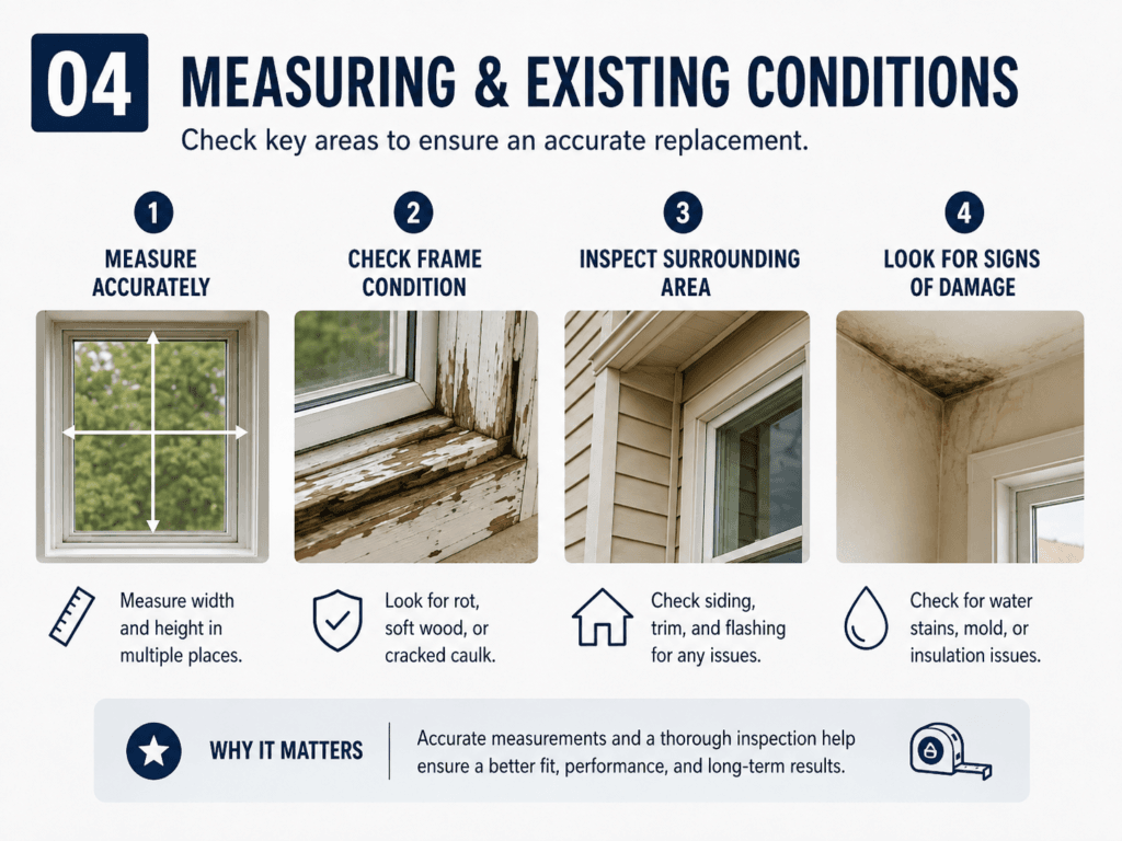 Window replacement measuring guide showing width, height, opening condition and surrounding wall checks