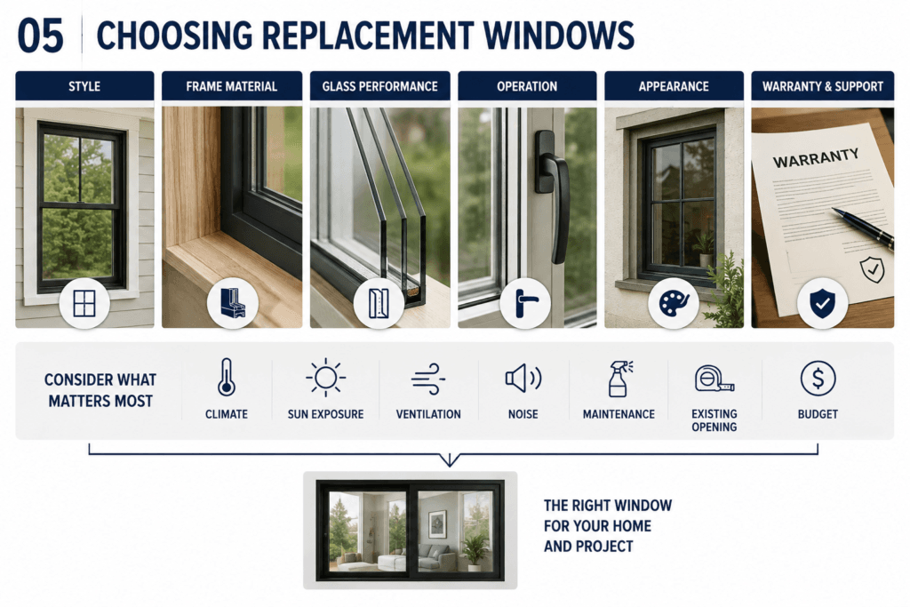 Replacement window selection guide comparing frame materials, glass, style, performance and warranty considerations