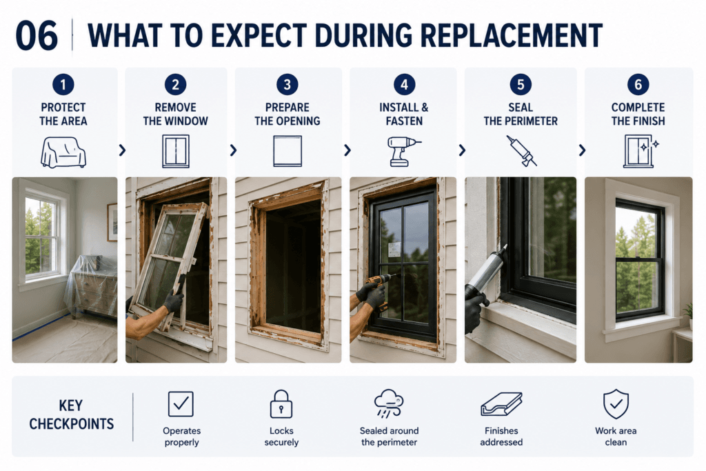 Window replacement process showing removal, opening preparation, installation, sealing and finish work