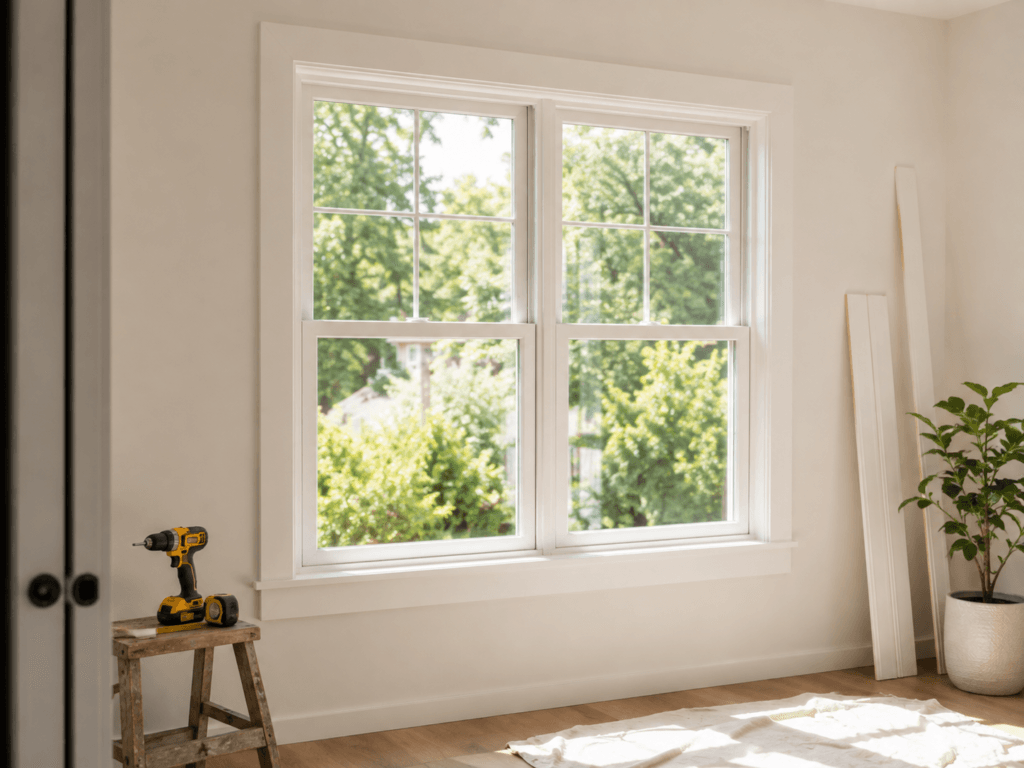 Residential window replacement showing an existing window opening and a new replacement window