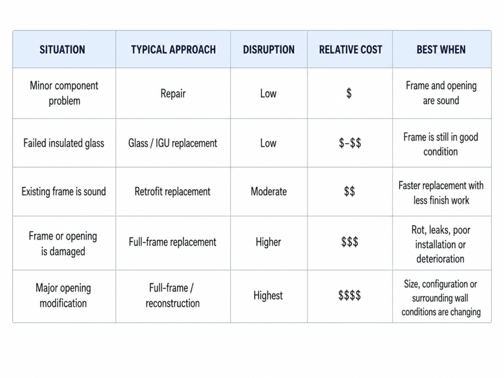 Comparison chart of window repair, glass replacement, retrofit replacement and full-frame replacement by disruption, cost and best use