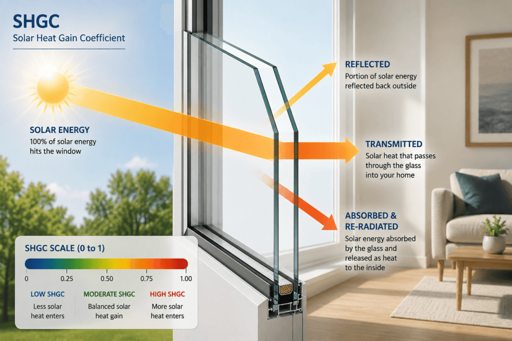 Solar heat gain coefficient diagram showing solar energy passing through residential window glass